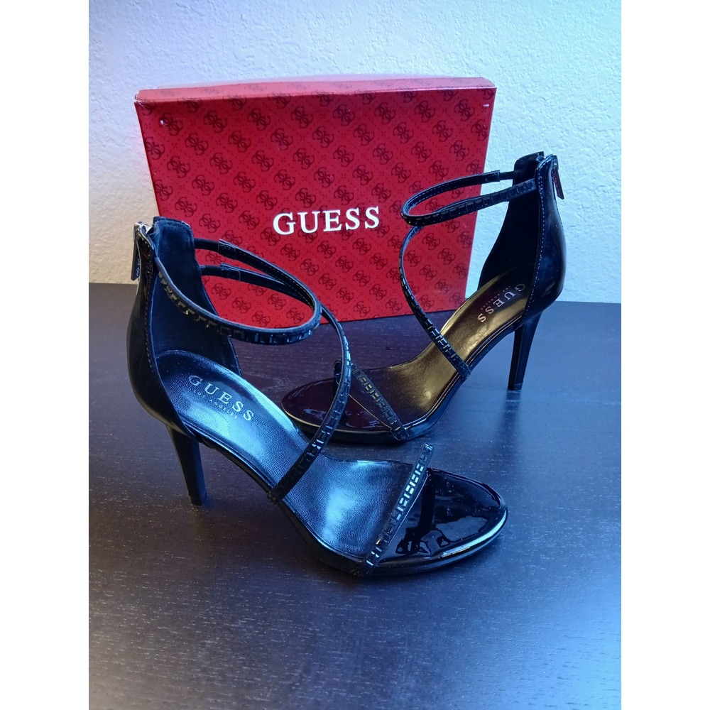 GUESS WGWHOLES Womens Black Patent Rhinestone Strappy Stiletto Heels 8.5M